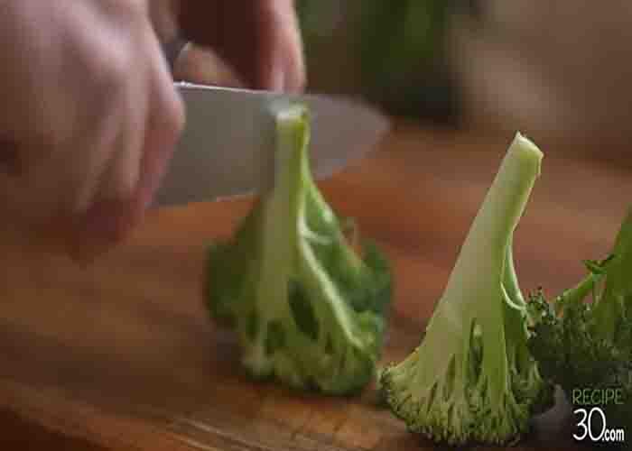Chopping the broccoli for a one-pan recipe