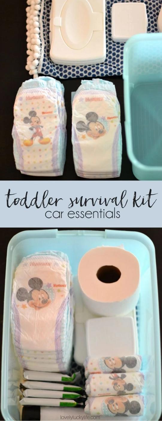 Diapers, wipes, toilet paper and a blanket laid out above the same supplies packed into a teal plastic tub
