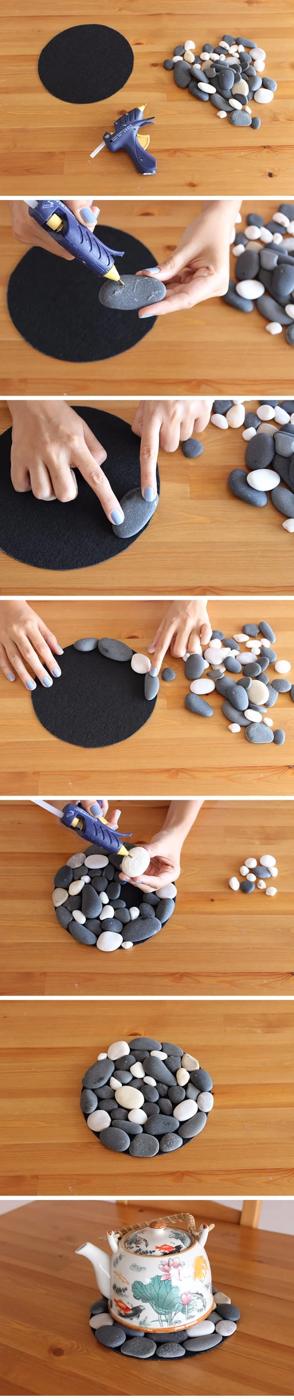 Step by step panels showing pebbles hot glued onto a black felt circle to make a round coaster under a teapot