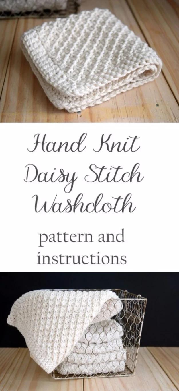 A daisy stitch washcloth knit from hemp or burlap for a natural handmade bath gift set for the whole family