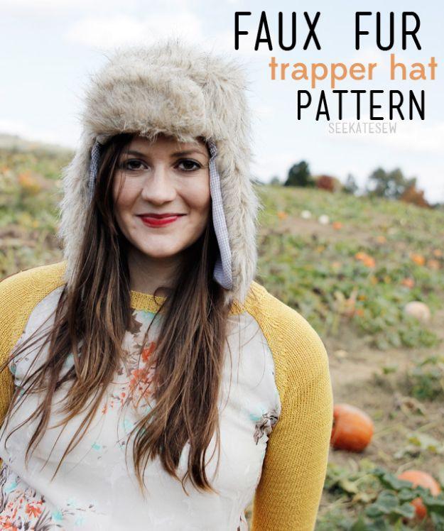 Pin graphic reading Faux Fur Trapper Hat Pattern, a woman wearing a cream faux fur trapper hat with ear flaps