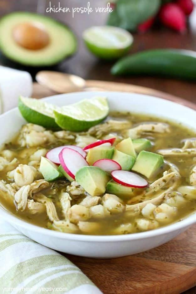 Chicken posole verde with shredded chicken and hominy in a green tomatillo broth, garnished simply for a fast family dinner