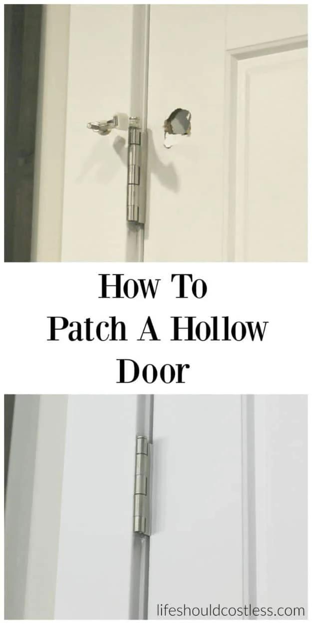 Patch a hollow door, a jagged hole punched through a white door beside the hinge, and the same door smooth after repair