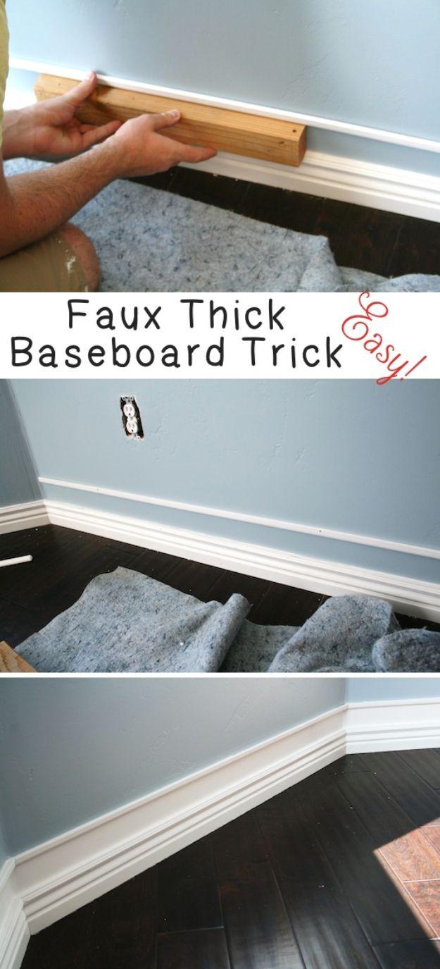 Collage graphic reading Faux Thick Baseboard Trick, with hands holding a trim strip and a finished blue grey wall
