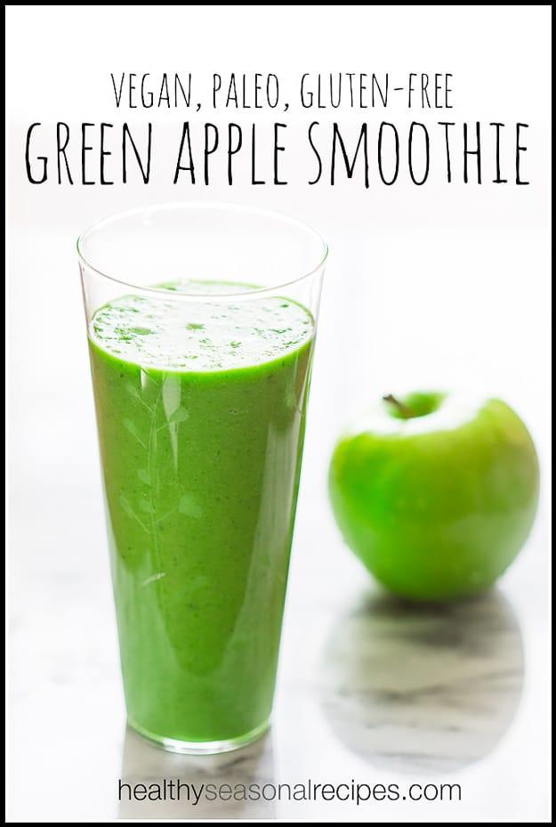 Green apple smoothie blended with spinach and frozen banana for a vegan, paleo and gluten free drink