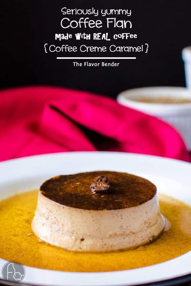 Coffee flan turned out onto a white plate sitting in a golden caramel pool with a pink cloth behind it