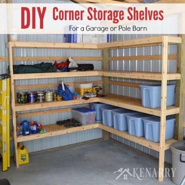 DIY Corner Shelves for Garage or Pole Barn Storage, simple enough for a first try and an idea worth saving for later