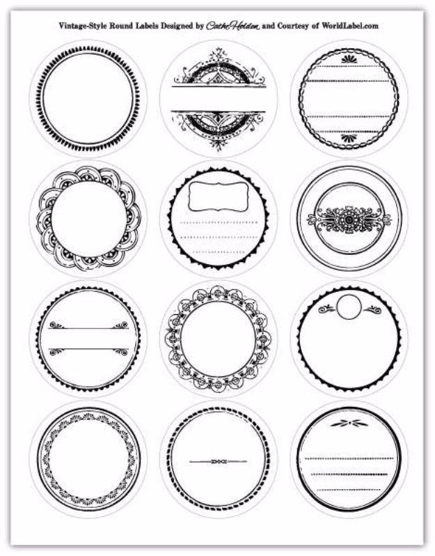 Black and white mason jar lid printables, a sheet of twelve ornamental round vintage label frames left blank