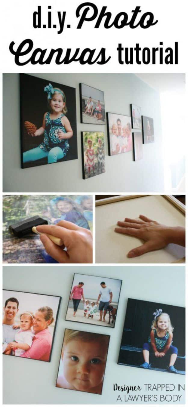 DIY photo canvas prints, a wall of family photo canvases in a gallery arrangement plus a foam brush close up