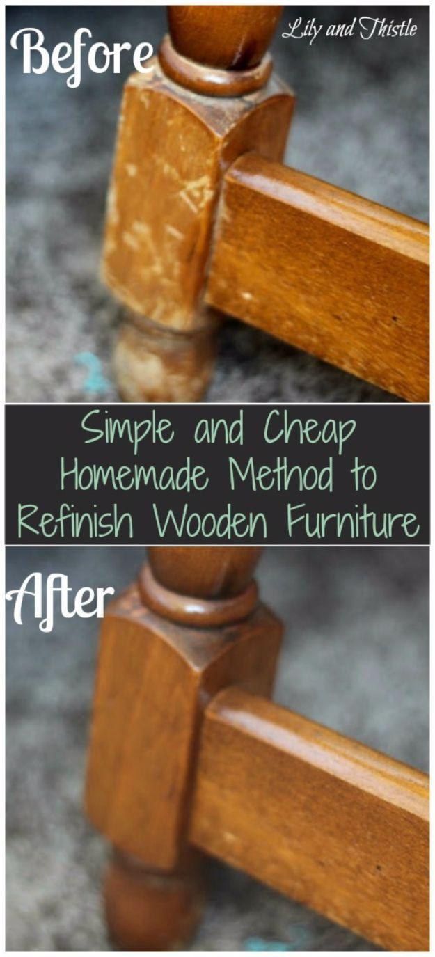 Repair wood scratches, a scratched pale wooden chair leg above the same leg with the marks blended into the grain