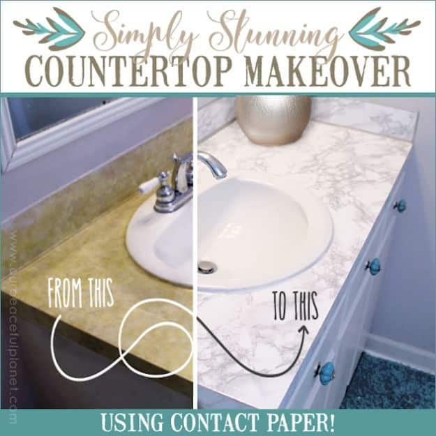 Titled graphic Simply Stunning Countertop Makeover Using Contact Paper, gold laminate counter beside a marble one