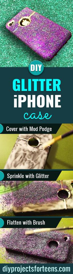 Glitter iphone case, a purple and teal glitter phone case above three step photos of mod podge and glitter