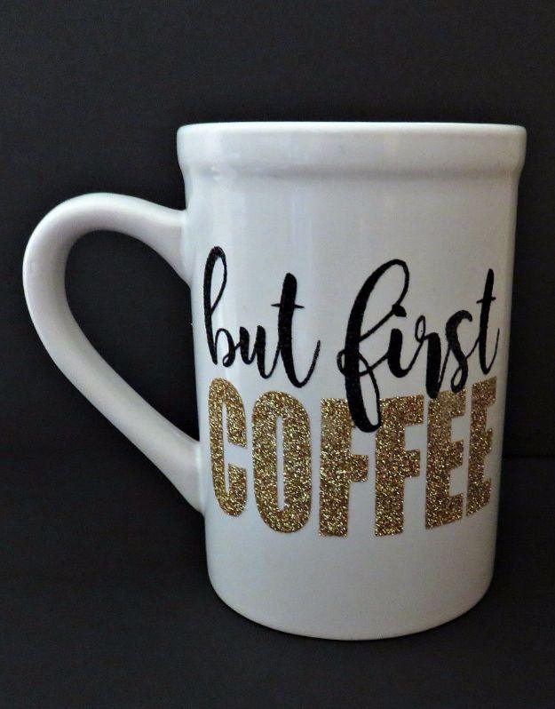 Glitter Heat Transfer Vinyl Mug, a custom drinkware idea, budget friendly using stuff already sitting in a bin