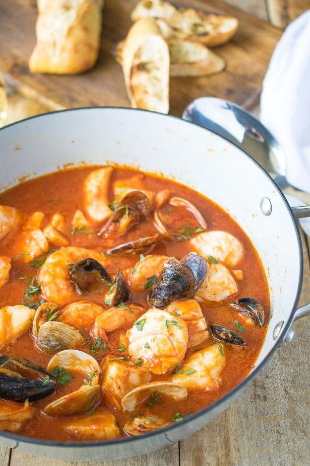 Brodetto di pesce, Italian seafood stew with mussels, shrimp and white fish in a tomato and wine broth