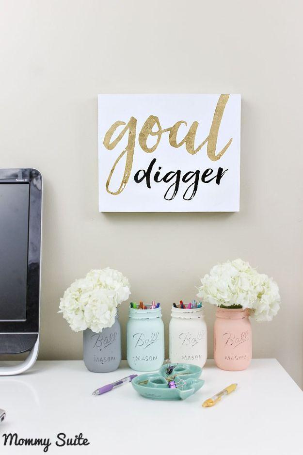 DIY Office Furniture - Chalk Paint Mason Jar Office Organization - Do It Yourself Home Office Furniture Ideas - Desk Projects, Thrift Store Makeovers, Chairs, Office File Cabinets