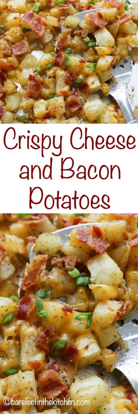 Crispy cheese and bacon potatoes graphic showing two photos of cheesy bacon potato chunks with a spatula