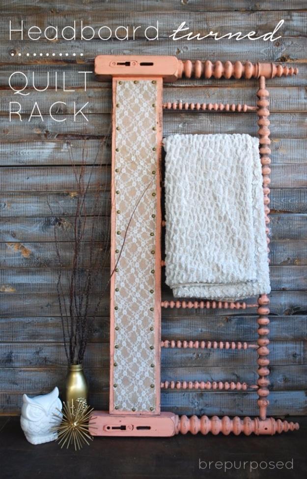 Headboard Turned Quilt Rack, a weekend project with a big payoff and a budget friendly way to update a room
