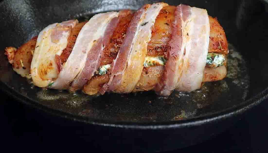 Frying the bacon in the skillet before baking
