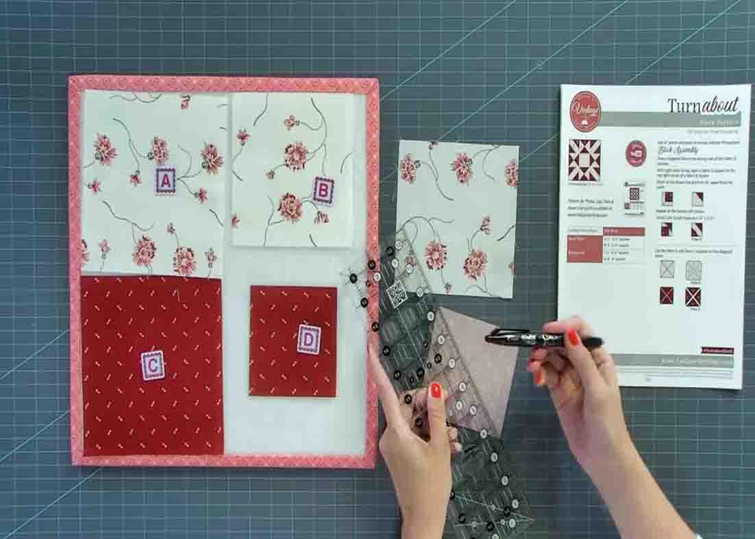 Trimming the fabric pieces to make the turnabout quilt block