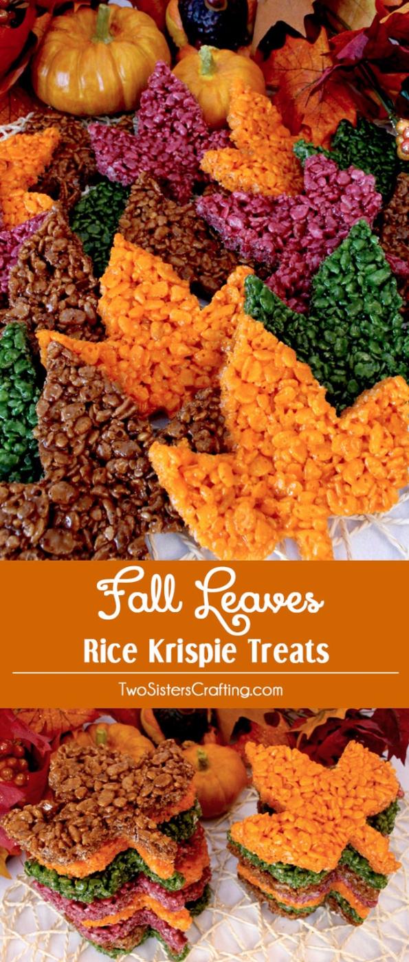 Two panel typeset graphic titled Fall Leaves Rice Krispie Treats, leaf shapes in orange, deep red, green and brown