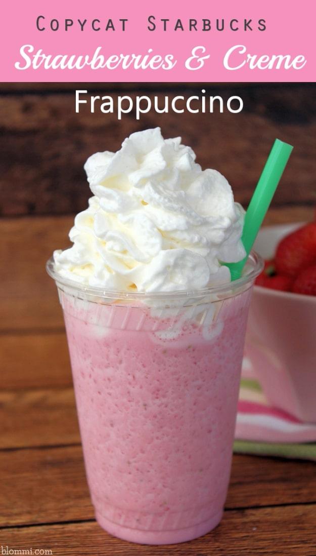 Copycat Starbucks strawberries and cream frappuccino, a pink blended drink topped with whipped cream