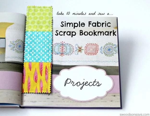 Simple fabric scrap bookmark graphic, a patchwork bookmark lying in an open craft book, the project name typeset to the right