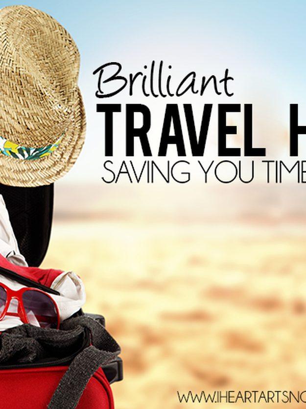 Graphic reading Brilliant Travel Hacks Saving You Time over a straw hat, sunglasses and a bag on sand