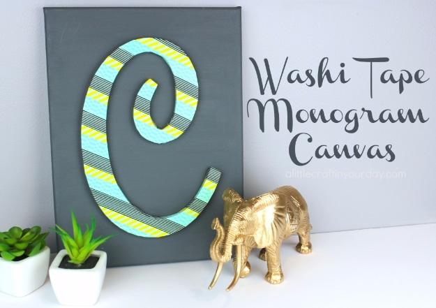 Washi tape monogram canvas, a striped mint and yellow letter C mounted on a charcoal canvas beside small plants
