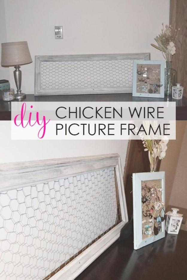 DIY chicken wire picture frame, a long whitewashed window frame filled with hexagonal chicken wire on a dresser