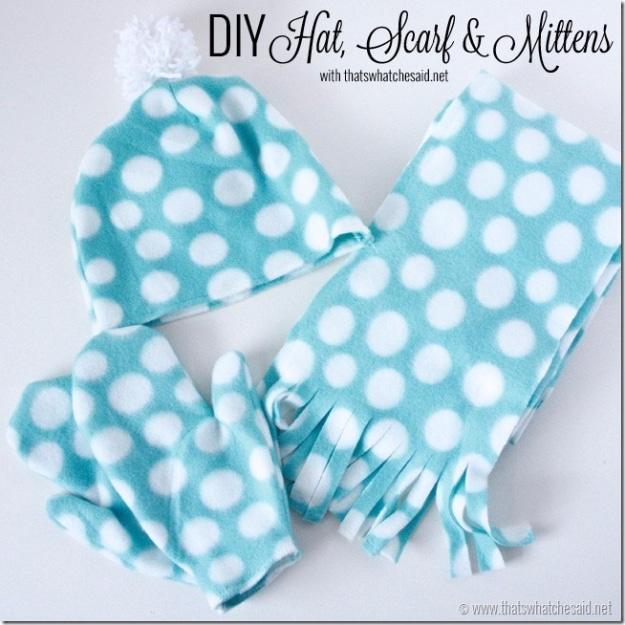 Aqua and white polka dot fleece hat, scarf and mittens laid out together, under a typeset DIY Hat Scarf Mittens title
