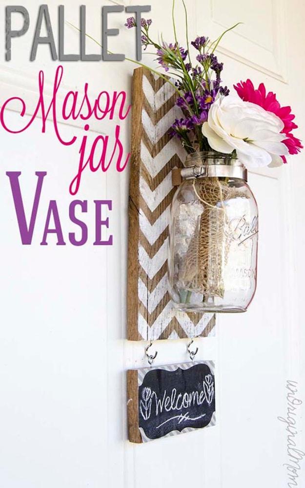 Chevron Pallet Mounted Hanging Mason Jar Vase, an upcycled glass accent, budget friendly using stuff already sitting in a bin