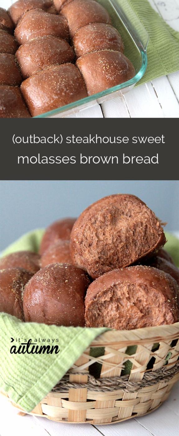 Steakhouse sweet brown molasses bread, dark soft rolls baked in a pan and served warm with salted butter
