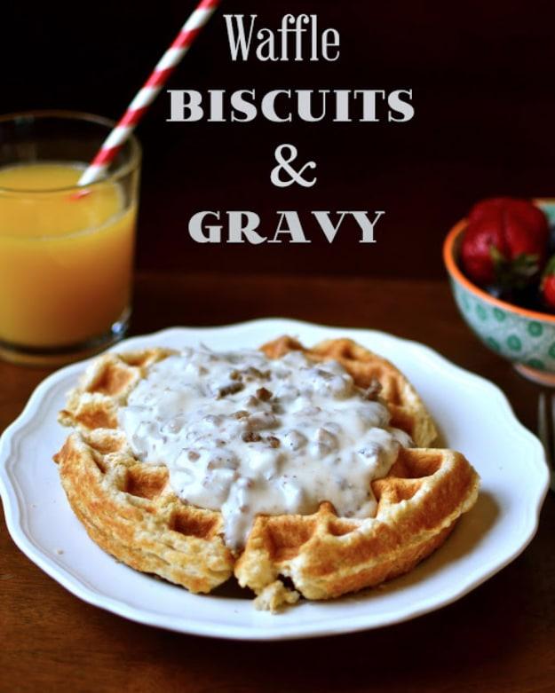 Waffle biscuits and gravy, biscuit dough pressed in a waffle iron and covered in white sausage gravy