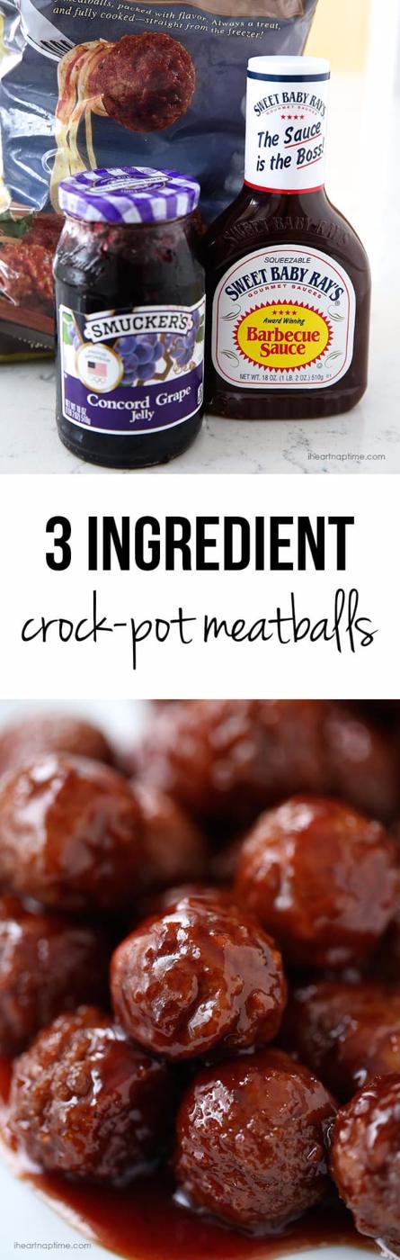 Glazed crock pot meatballs in a barbecue and grape jelly sauce, an easy 3 ingredient party appetizer recipe