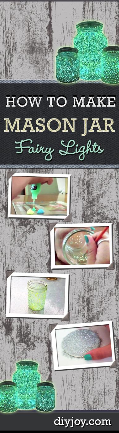 DIY Mason Jar Fairy Lights, one of the best mason jar lighting ideas on this list and doable in a weekend
