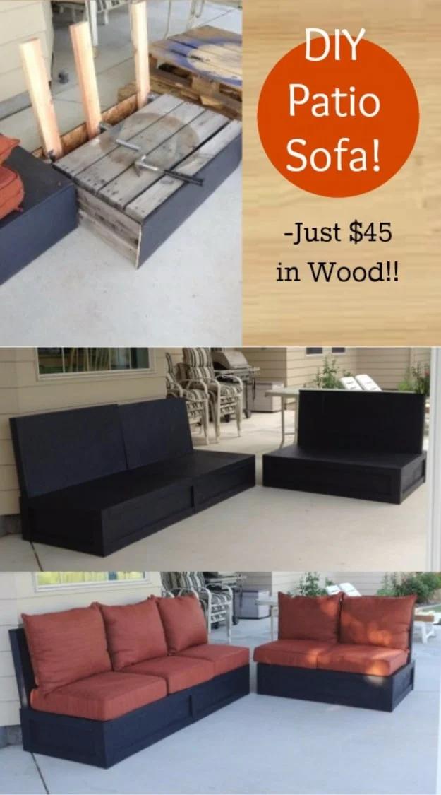 Three panel view of a pallet patio sofa in progress, the black painted plywood frames and the finished red cushioned set