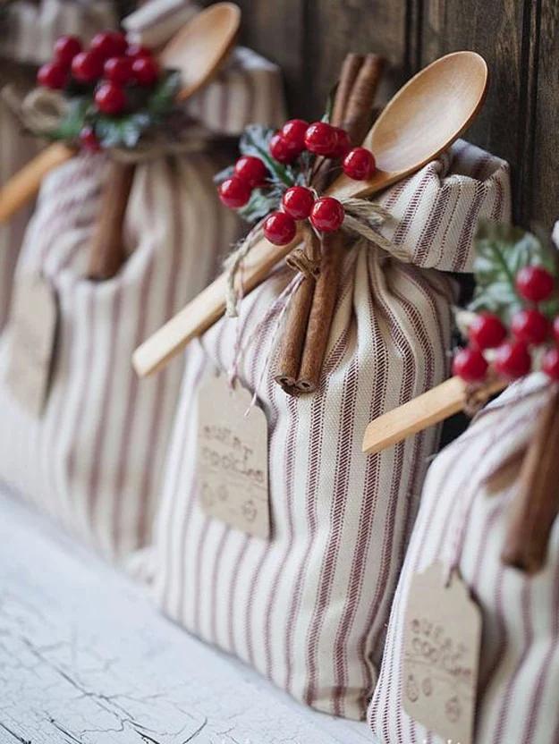 Sugar cookie sack sewn from mattress ticking scraps for a homey holiday cookie gift wrapped in fabric