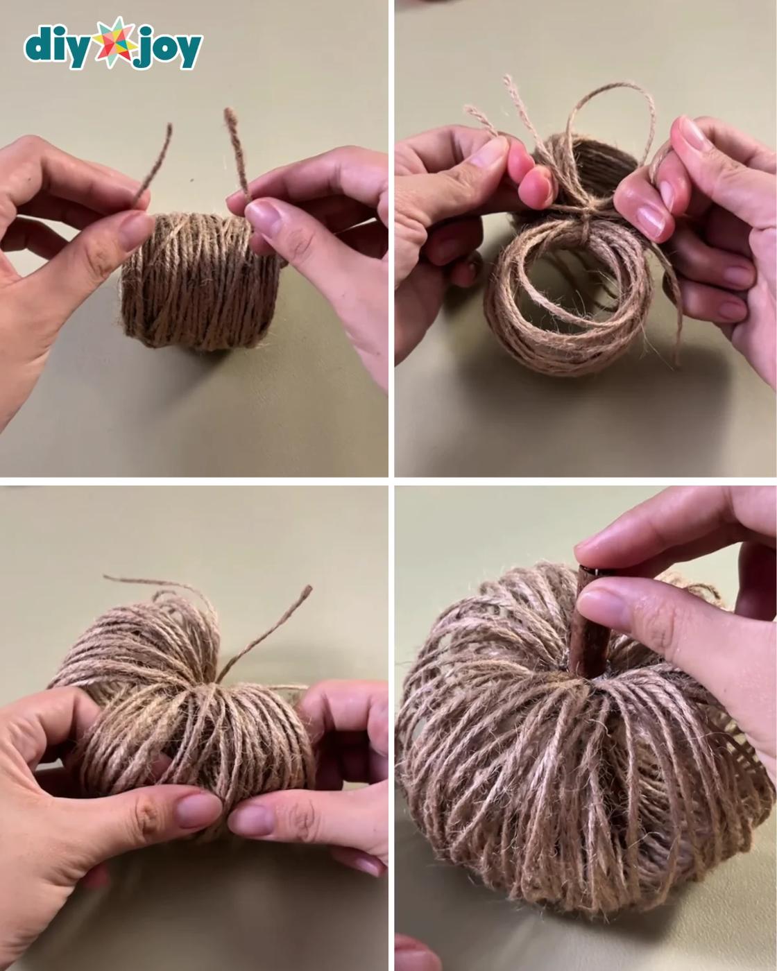 Step 3 of the twine pumpkin tutorial - tying the bundle and adding a cinnamon stick stem to shape the pumpkin.