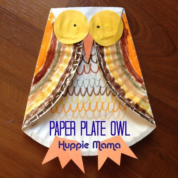 Pin graphic reading Paper Plate Owl, a folded white paper plate owl with big yellow eyes and orange paper feet