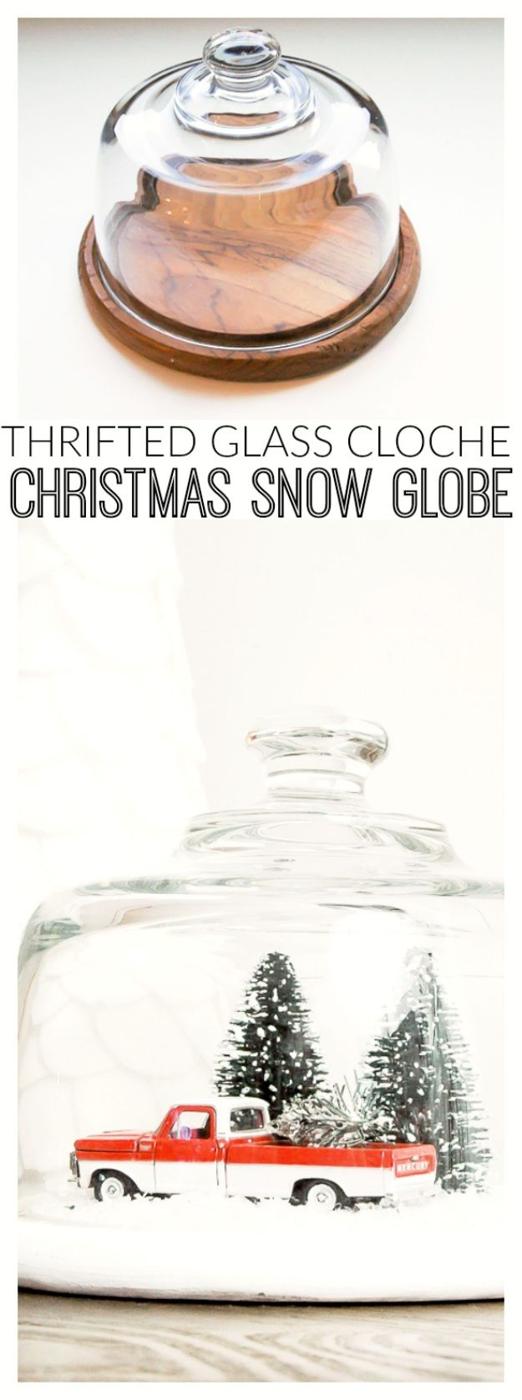 DIY Snow Globe Ideas - Thrifted Glass Cloche Turned Vintage Snow Globe - Easy Ideas To Make Snow Globes With Kids - Mason Jar, Picture, Ornament, Waterless Christmas Crafts - Cheap