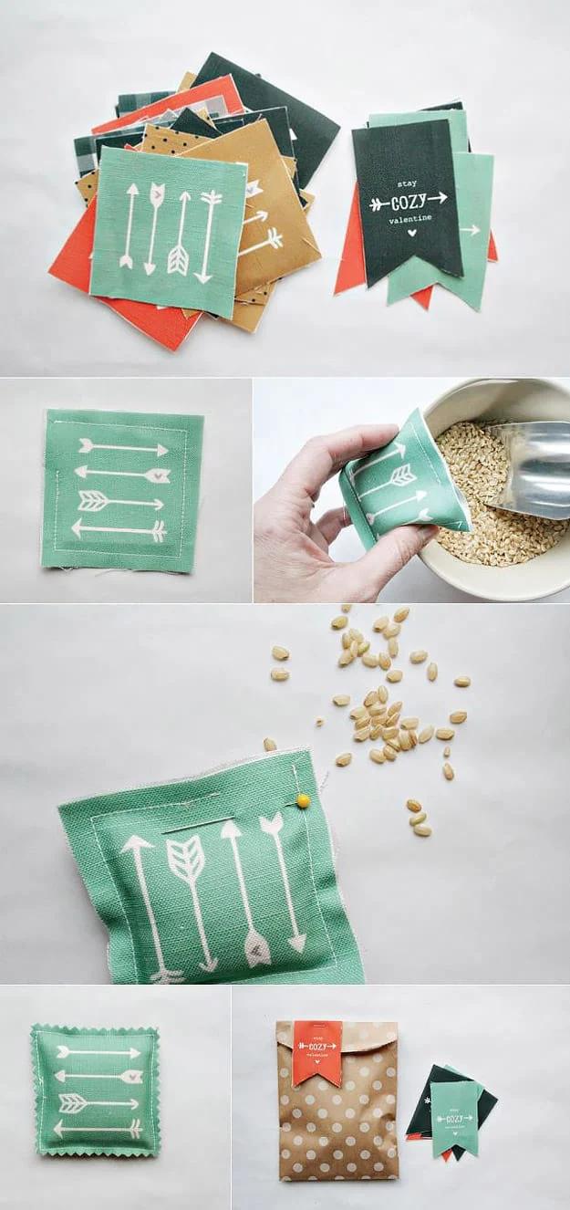 DIY crafts to make and sell: fabric hand warmers filled with rice, a reusable microwavable craft for winter markets
