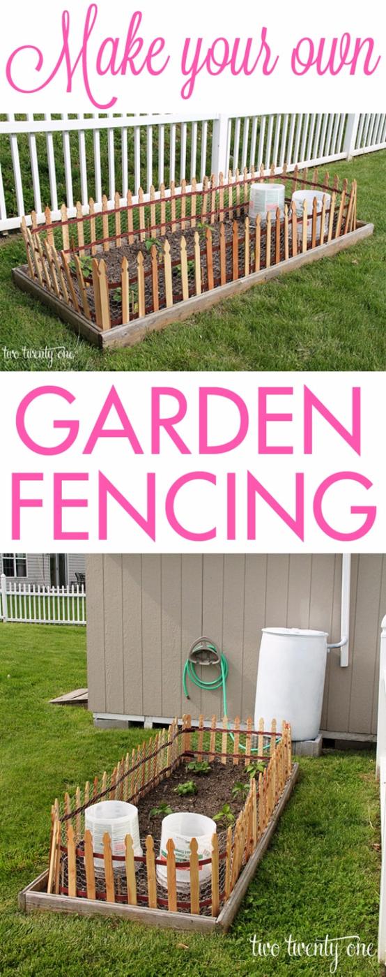 Simple garden fence, low wooden roll fencing with wire over it around a raised vegetable bed beside a white fence