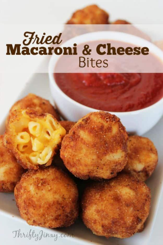 Graphic titled Fried Macaroni and Cheese Bites showing golden crumbed balls beside a bowl of marinara