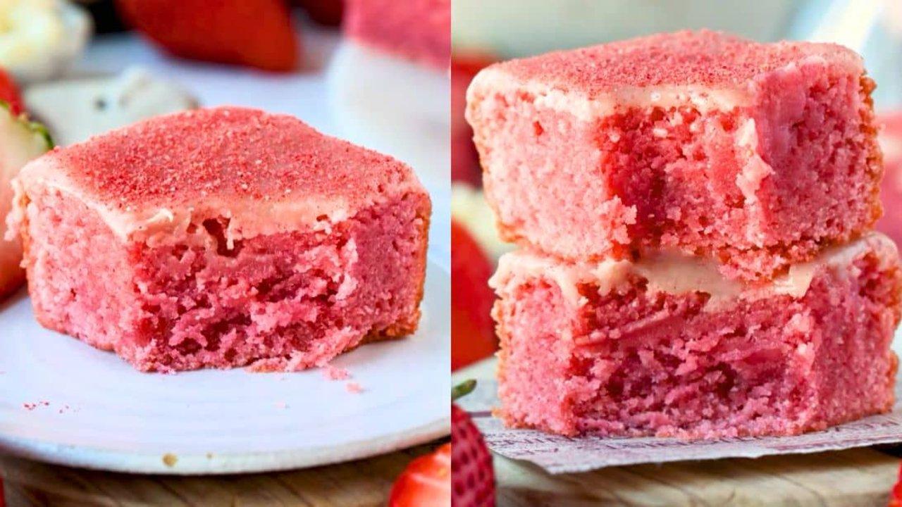 A two panel graphic of pink strawberry brownies, one with a bite taken out and two stacked on parchment