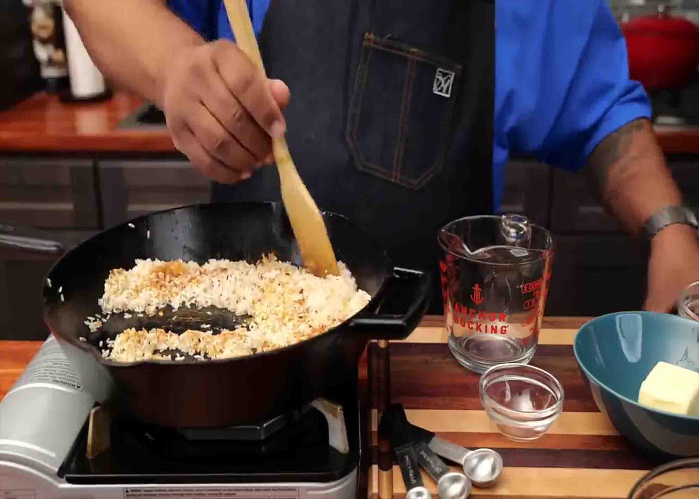 Cooking the rice for the cajun shrimp and rice skillet recipe