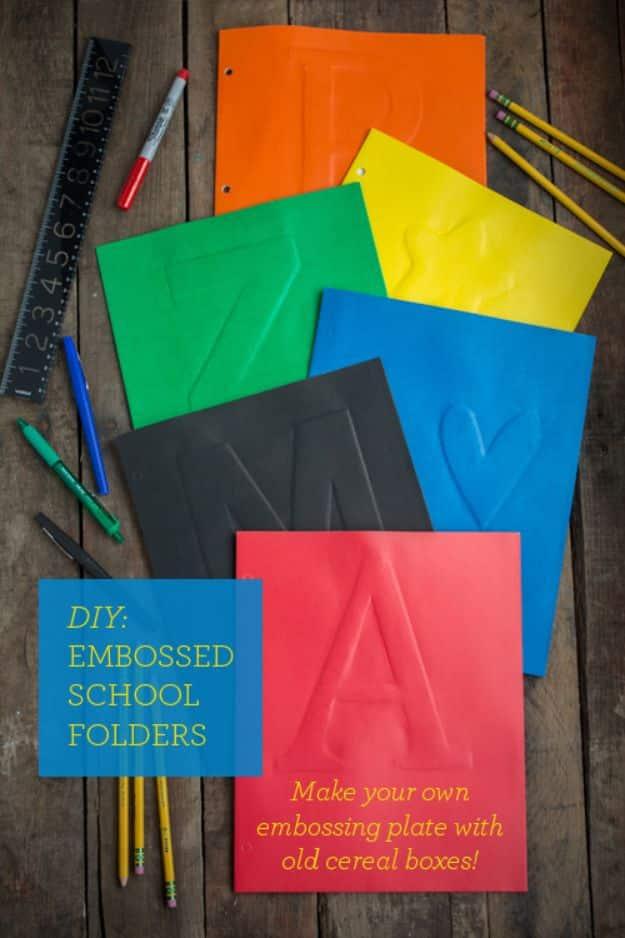 DIY Embossed School Folders, one of the best cereal box crafts on this list and an idea that is easy to recreate at home