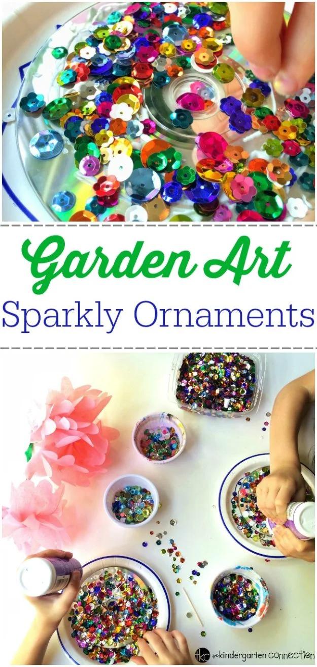 Collage of children's hands gluing sequins and gems onto CDs to make sparkly garden ornaments for a yard