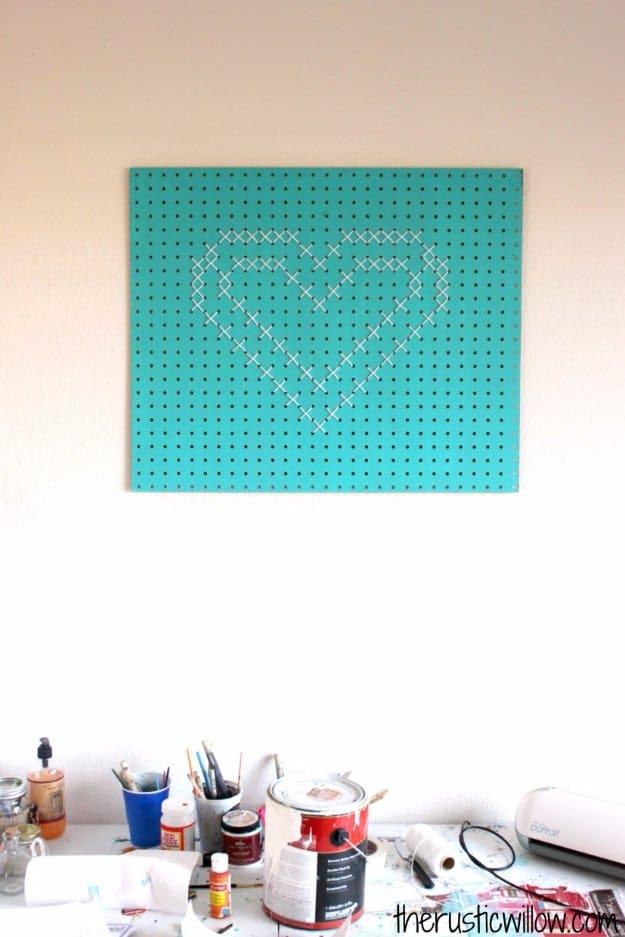 DIY Renters Decor Ideas - Cross Stitch Pegboard Heart - Cool DIY Projects for Those Renting Aparments, Condos or Dorm Rooms - Easy Temporary Wall Art, Contact Paper, Washi Tape and