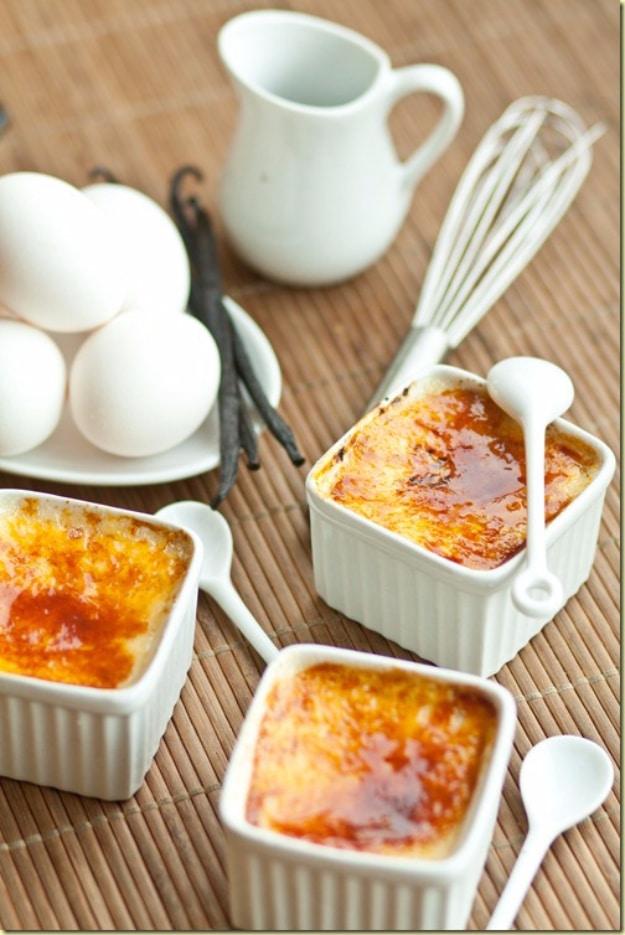 Classic creme brulee in ramekins with a cracked caramelized sugar top, an elegant make ahead dessert idea