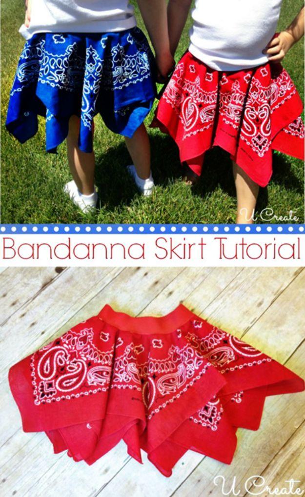 Bandanna summer skirt tutorial graphic, two children in blue and red circle skirts above a finished red skirt